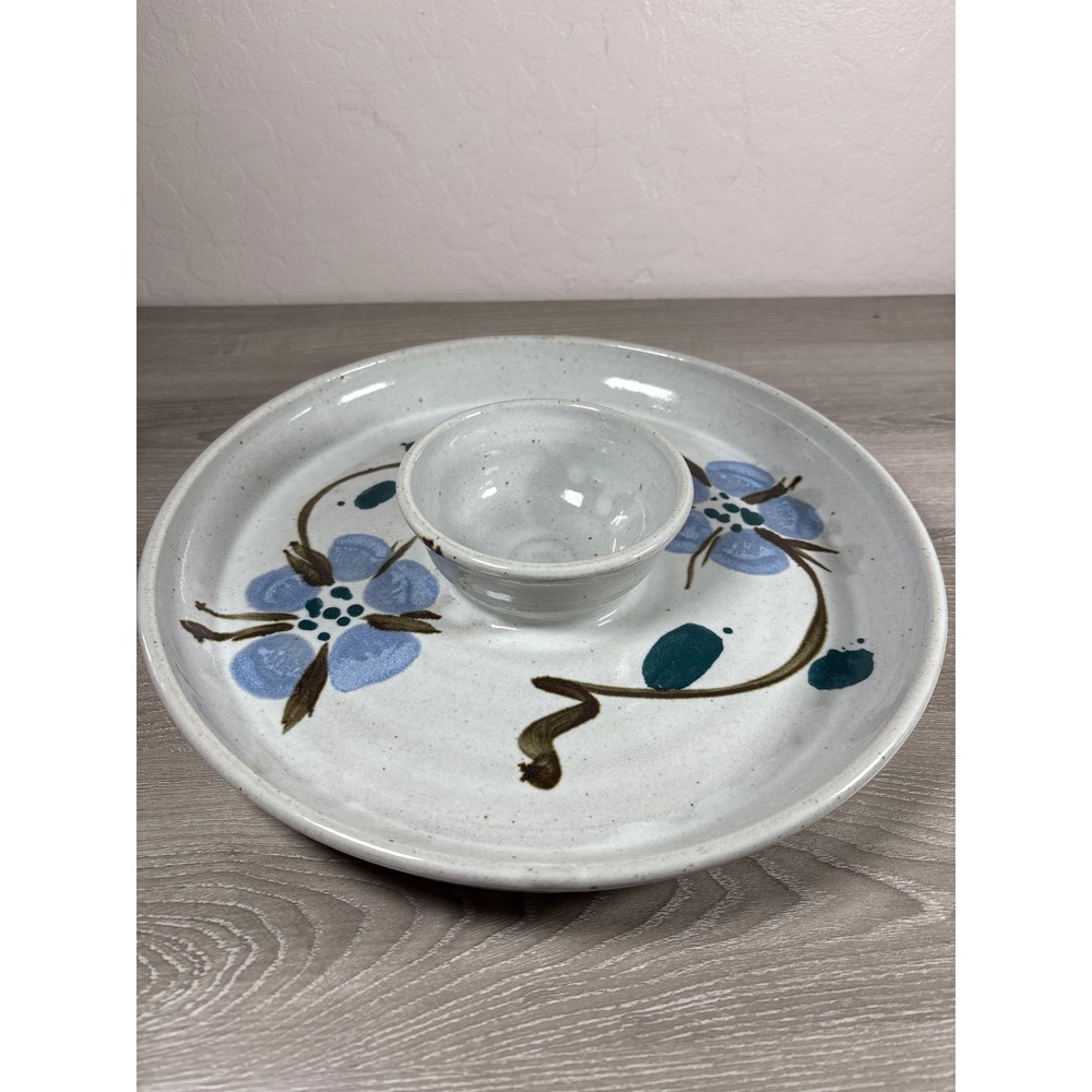 StoneWare Hand Painted Floral Chip‎ and Dip Platter Signed 11" Blue Pottery